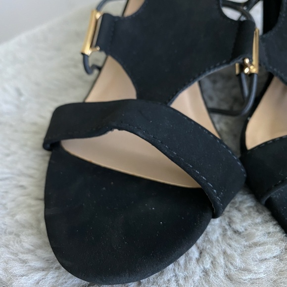 Forever Black Suede Wedges with Gold Accents - Picture 9 of 12